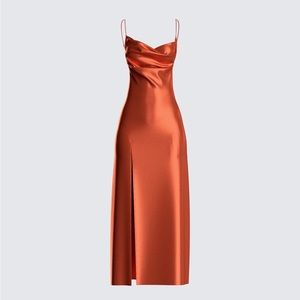 FINESSE El Orange Satin Midi Dress